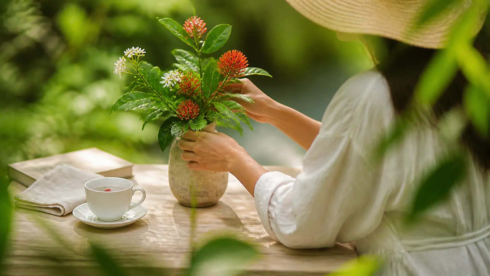 Tea and flowers in the tropical garden