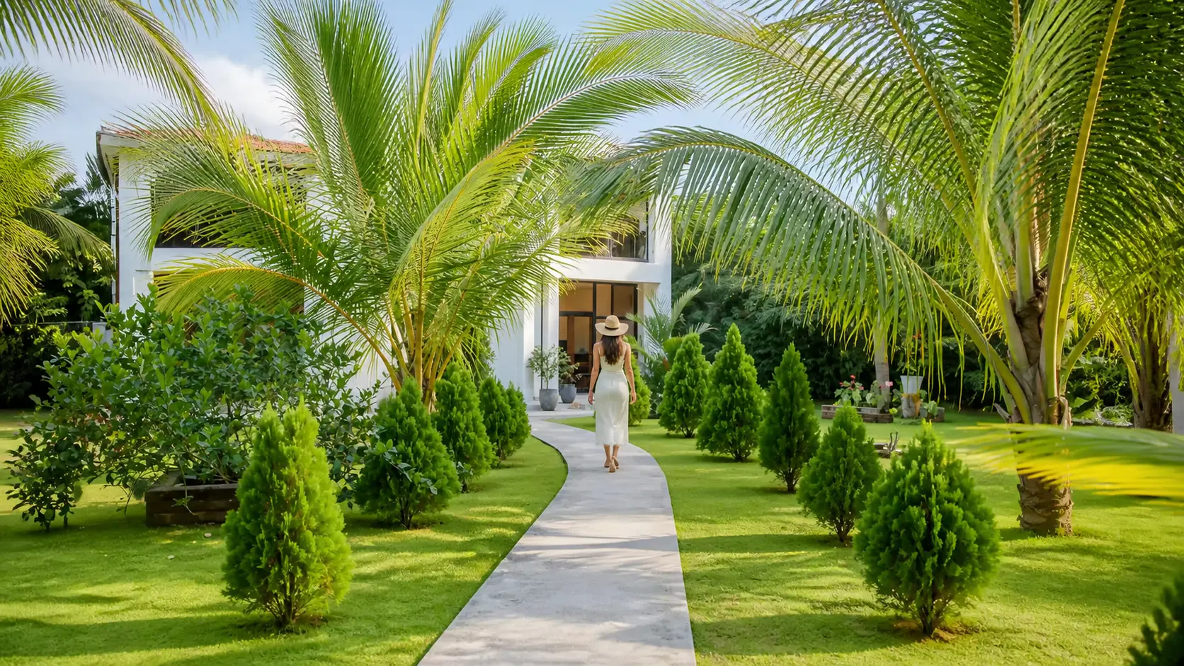 A guest walking through the gardens at Manike Lodge