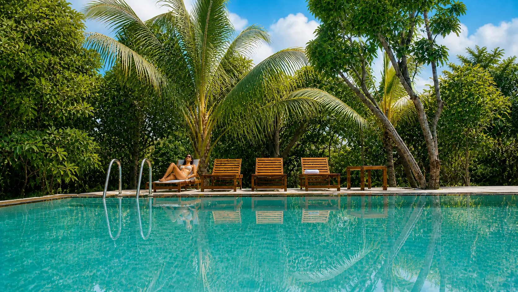 The outdoor swimming pool among tropical trees