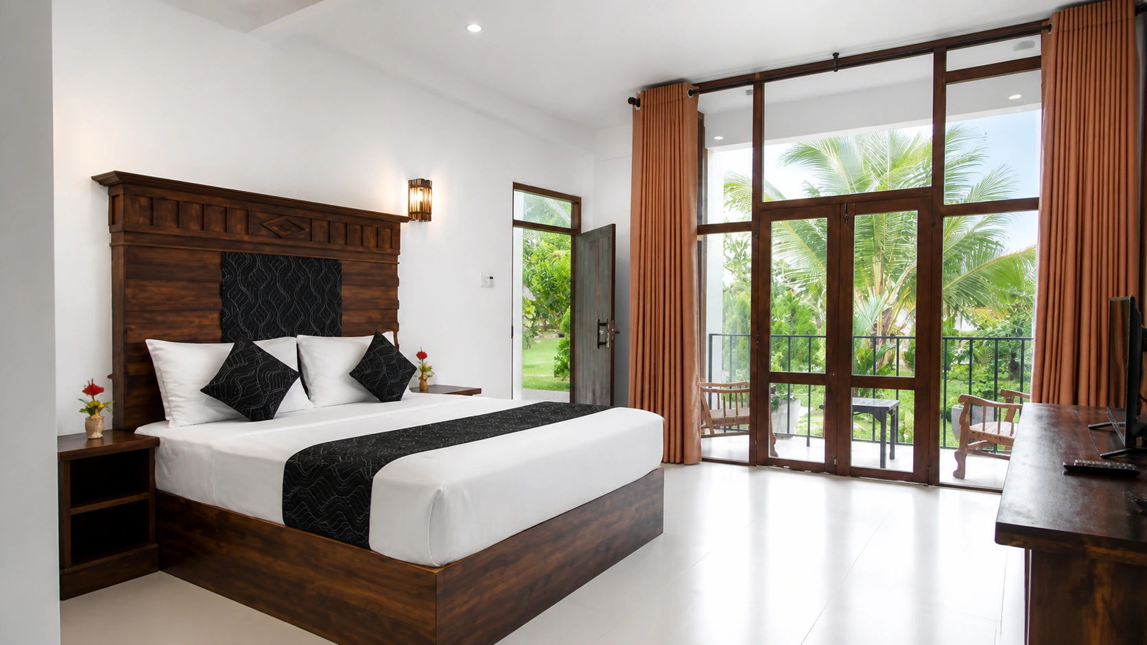 A bright garden-facing room at Manike Lodge